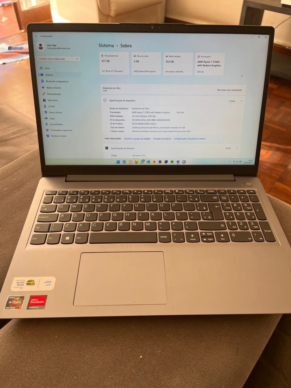 Notebook AMD Ryzen 7 5700U 12GB RAM