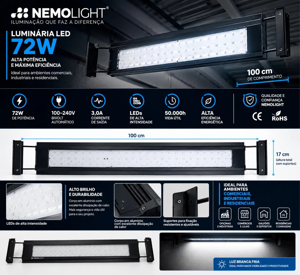 LUMINÁRIA LED NEMOLIGHT 72W ? 100 CM