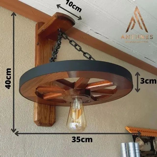 Arandela Luminária Roda De Carroça Rústico Madeira Maciça - Foto 2