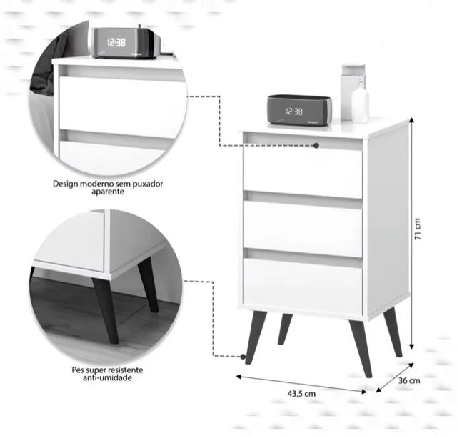 Mesa De Cabeceira Grande 3 Gavetas Branco E.J Móveis