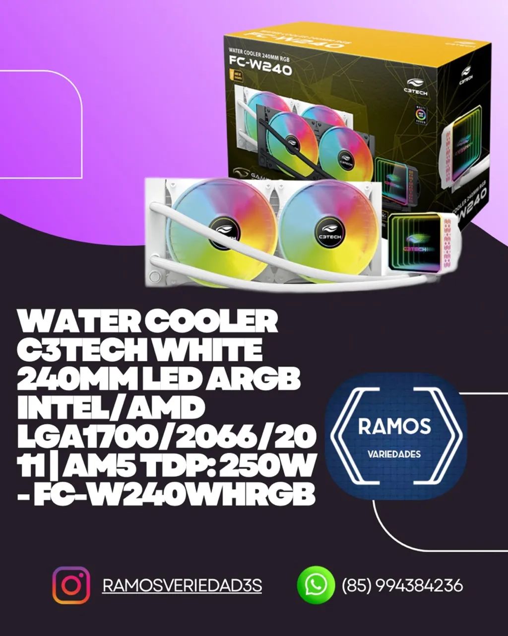 Water Cooler C3Tech White 240mm Led ARGB Intel/AMD LGA1700/2066/2011 | AM5 TDP: 250W 