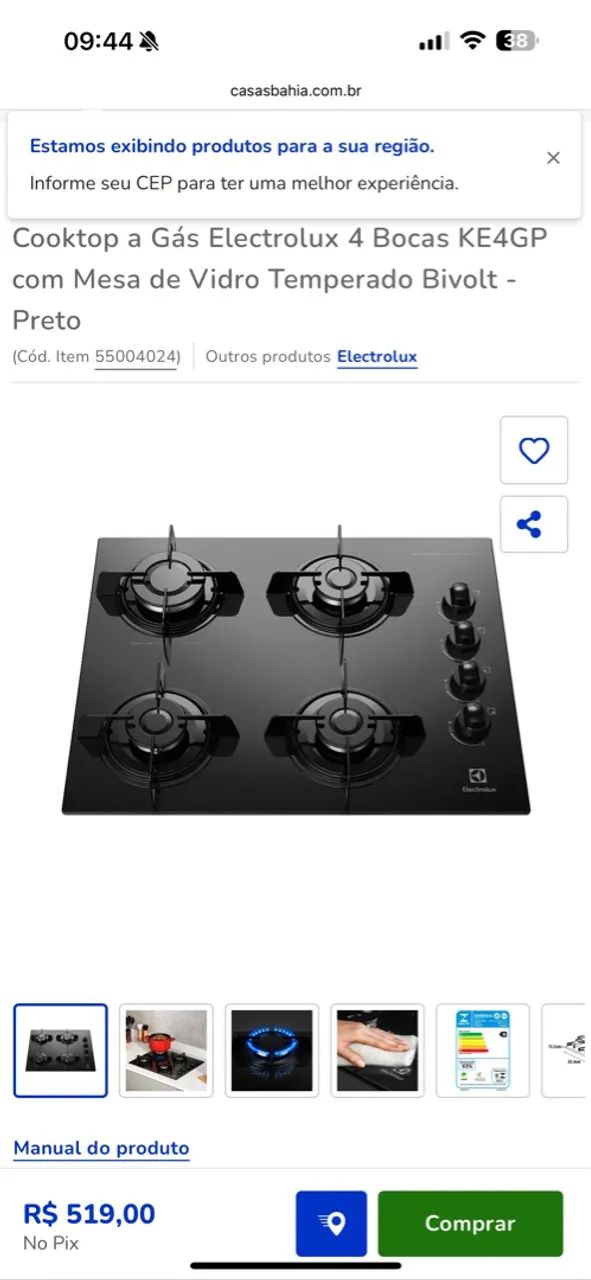 Cooktop 4 Bocas Electrolux KE4GP - Mesa de Vidro Temperado Bivolt - Preto