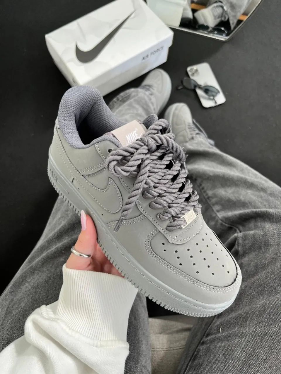 Tênis Nike Air Force Cinza Premium - Dois Tipos de Cadarço