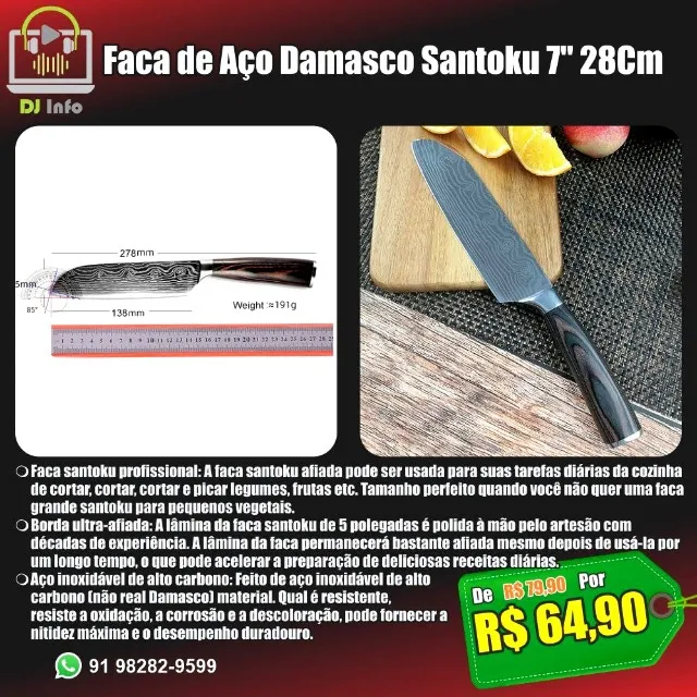 Faca de Aço Damasco Santoku 28cm