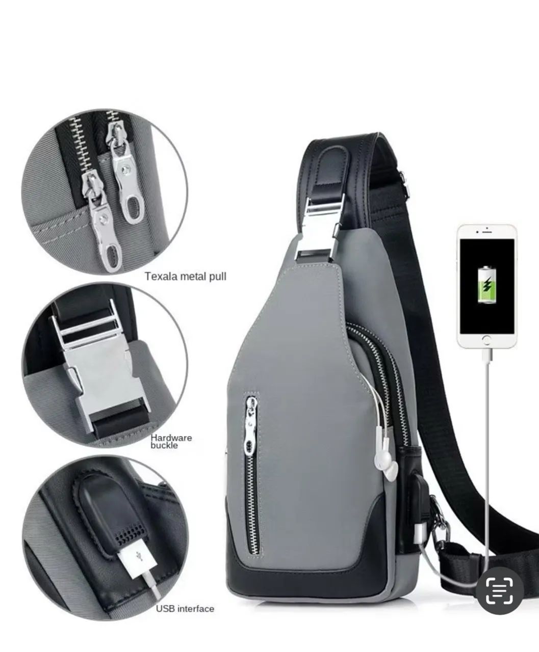 Mochila Sling Cinza - USB, Impermeável, Moderna