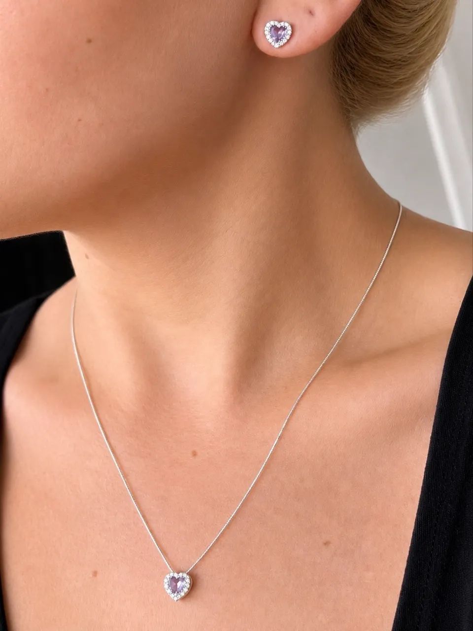 Conjunto Prata 925 Brinco e Colar Coração Cravejado - Foto 4