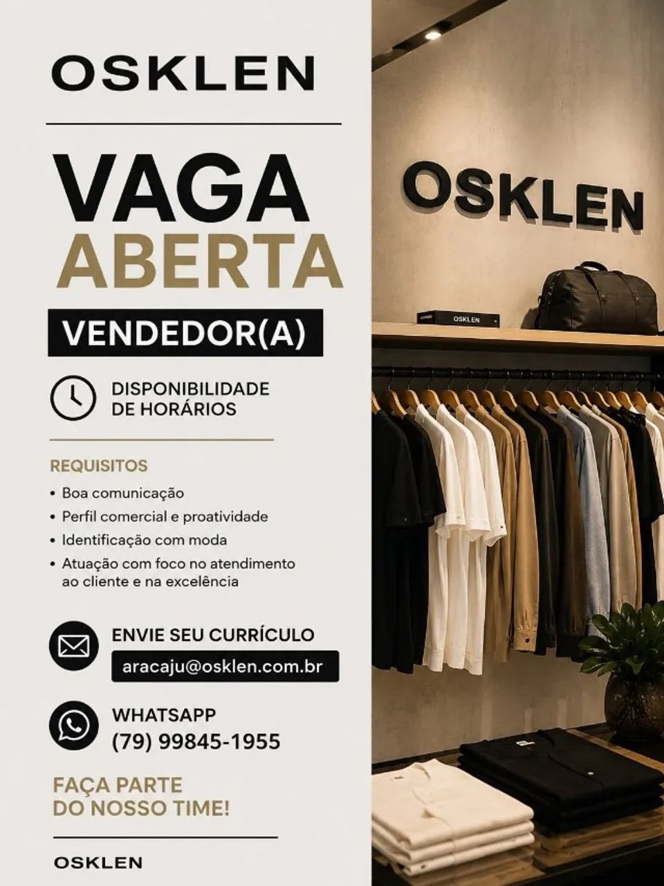 Vaga vendedor Osklen, Shopping Riomar-Aracaju