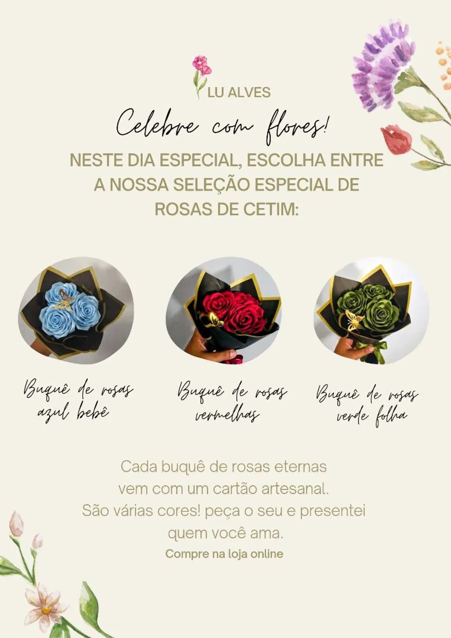 Buquê de cetim (P) c/3 rosas 
