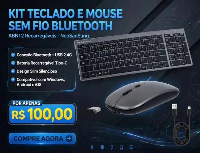 Kit Teclado E Mouse Sem Fio Bluetooth Abnt2 Recarregáveis