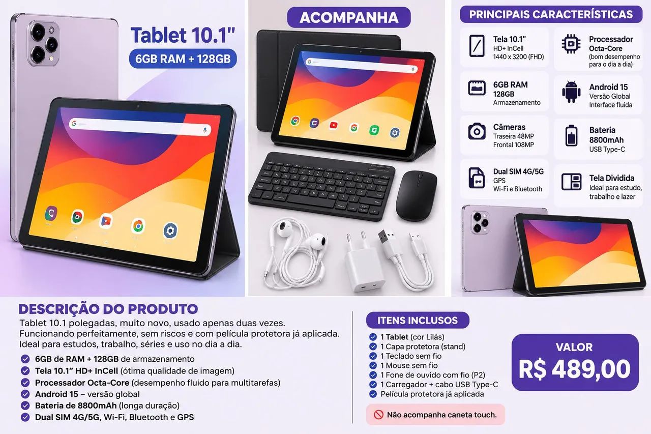 TABLET LILAS GRANDE + KIT ACESSÓRIOS - Foto 5