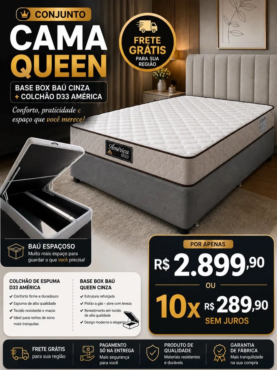 Conjunto Cama Queen Baú + Colchão 