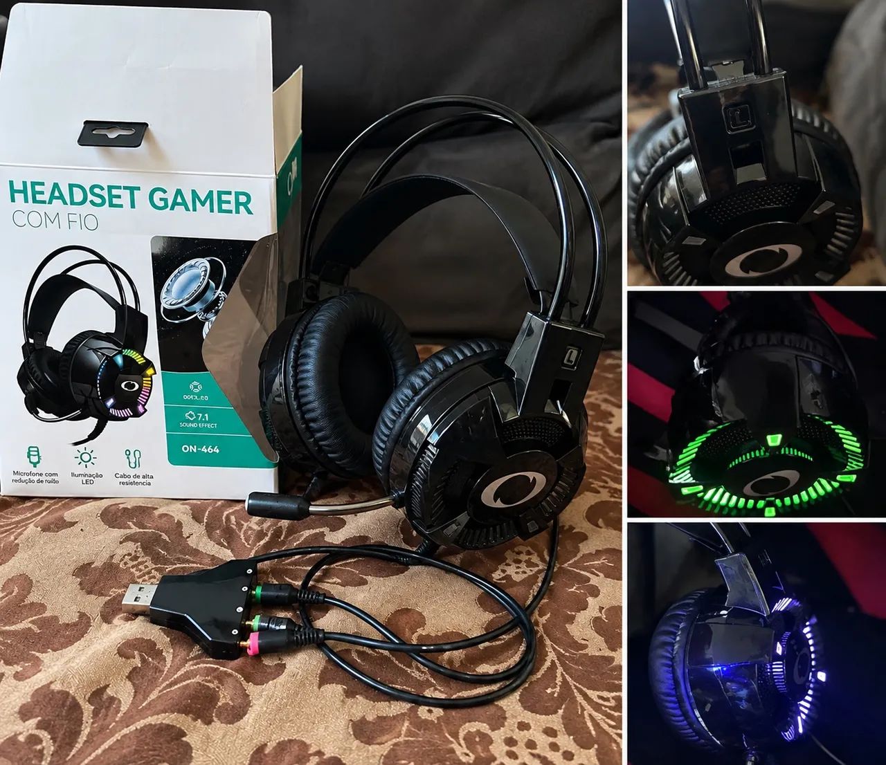 Headset Gamer NOVO com LED + Adaptadores  USB, Compatível com PC, NOTEBOOK, CELULAR