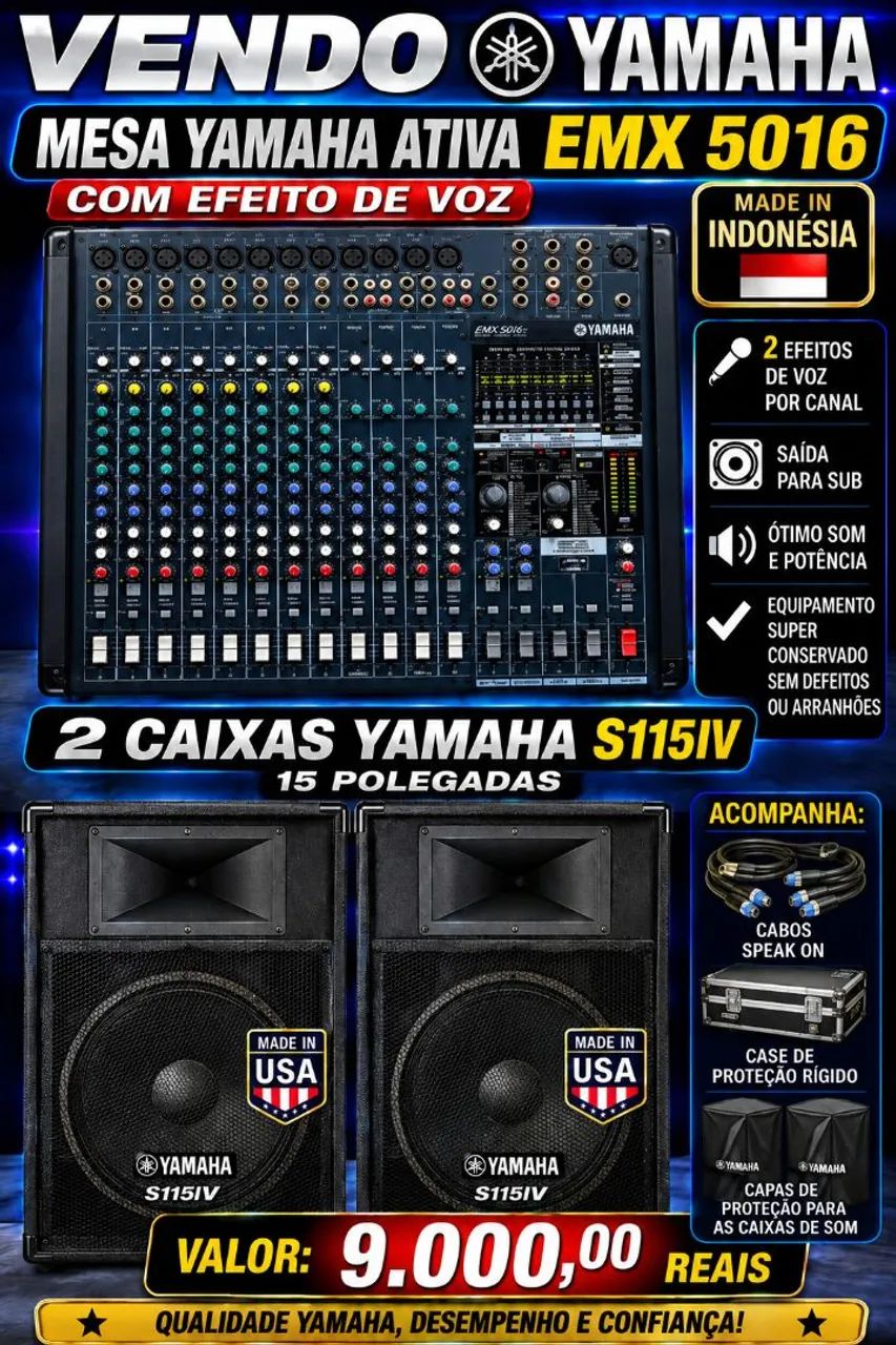Mesa Yamaha ativa + par de caixas Yamaha 15 polegadas 