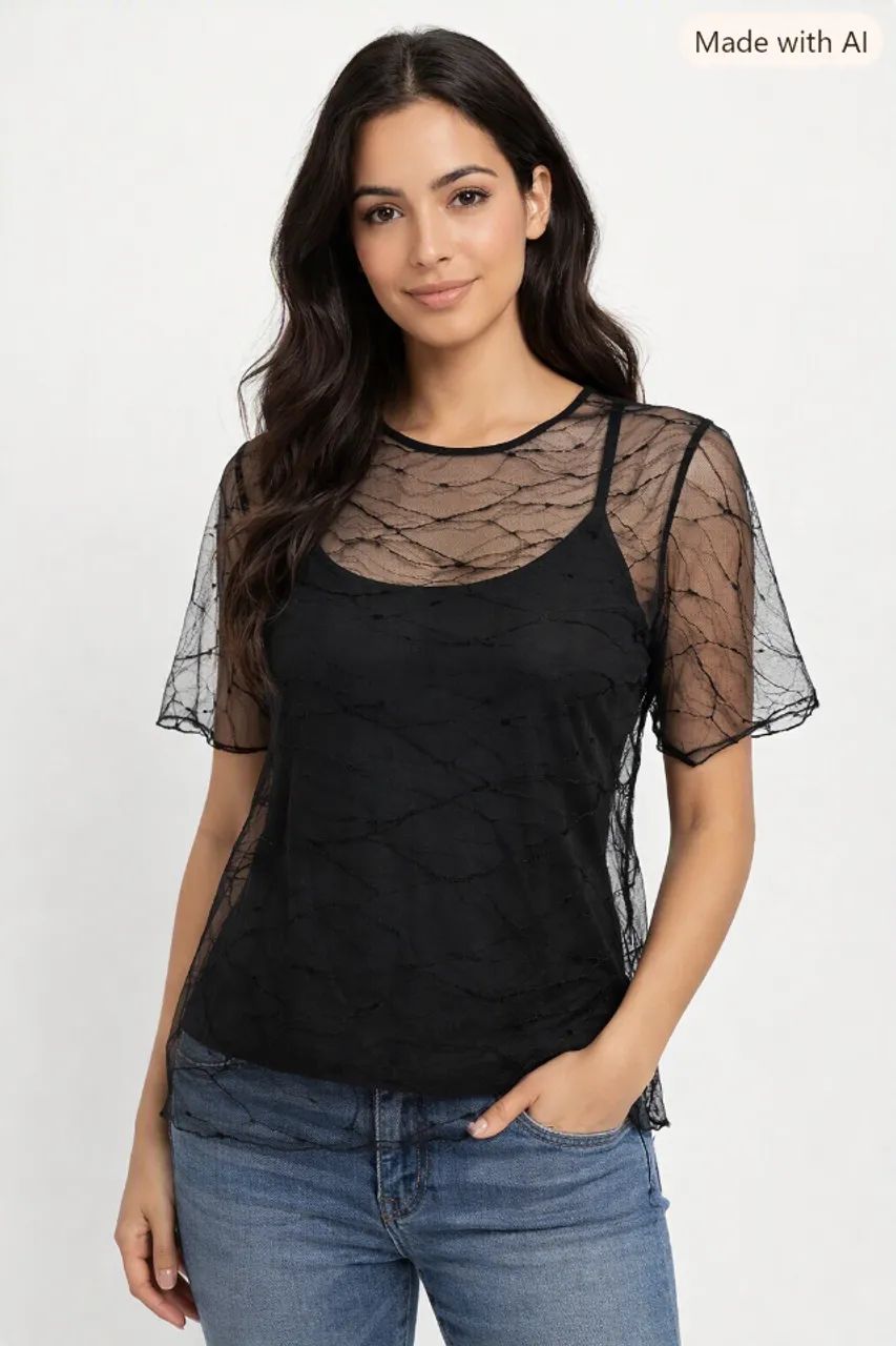 Blusa Rendada Transparente Preta P