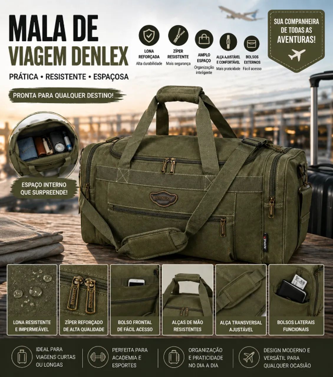 Mala de Viagem Denlex Creme Lona Reforçada com Zíper SA0137 - Foto 4