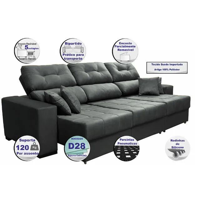 Sofá Retrátil e Reclinável Cama inBox Diamond 2,25m Tecido Suede Velusoft Cinza - Foto 5