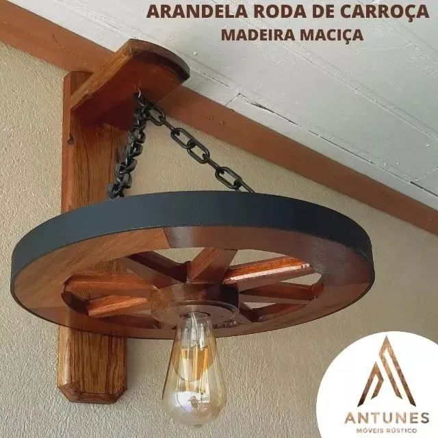 Arandela Luminária Roda De Carroça Rústico Madeira Maciça