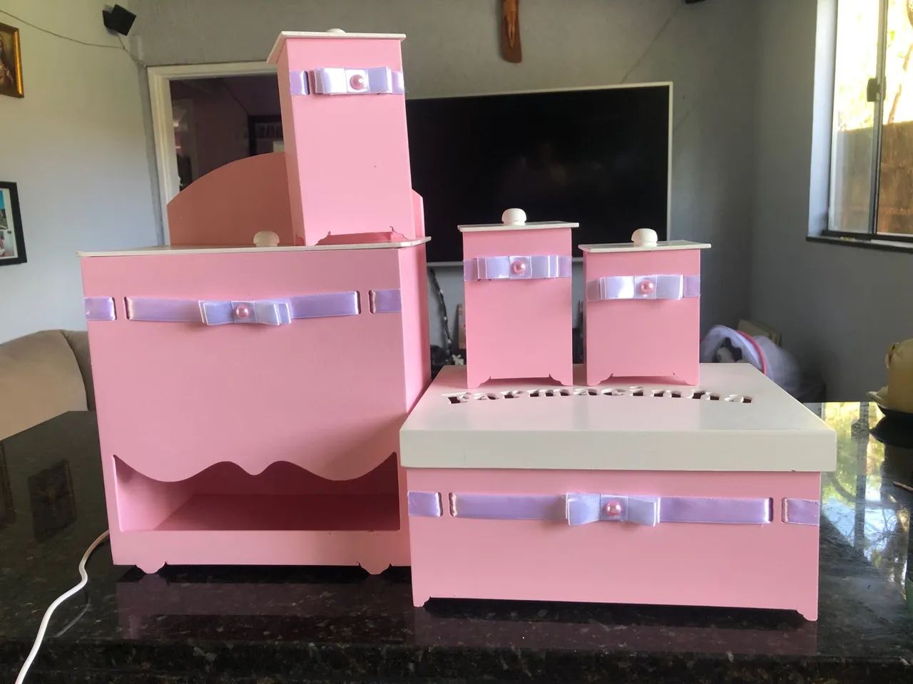 Conjunto de Caixas Decorativas para Bebê - Rosa e Branco