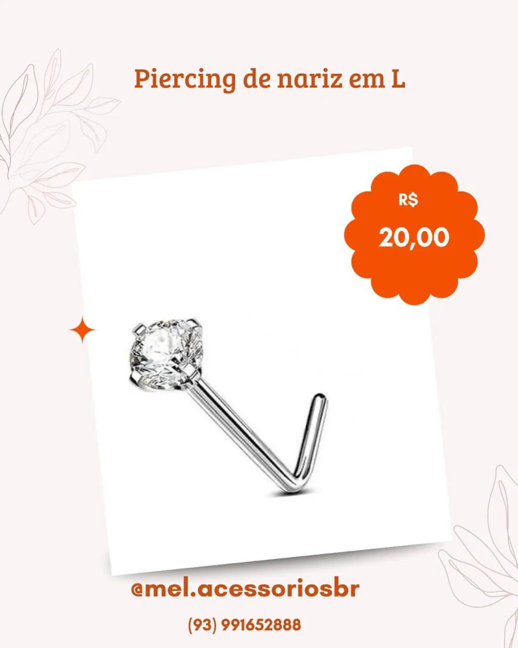 Piercing de nariz em L com pedra de strass