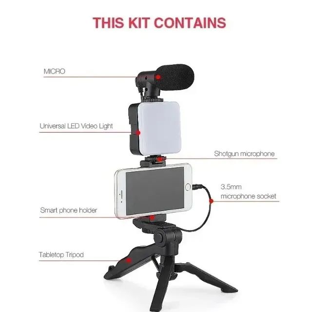 KIT VIDEOMAKER COM LUZ LED E MICROFONE 