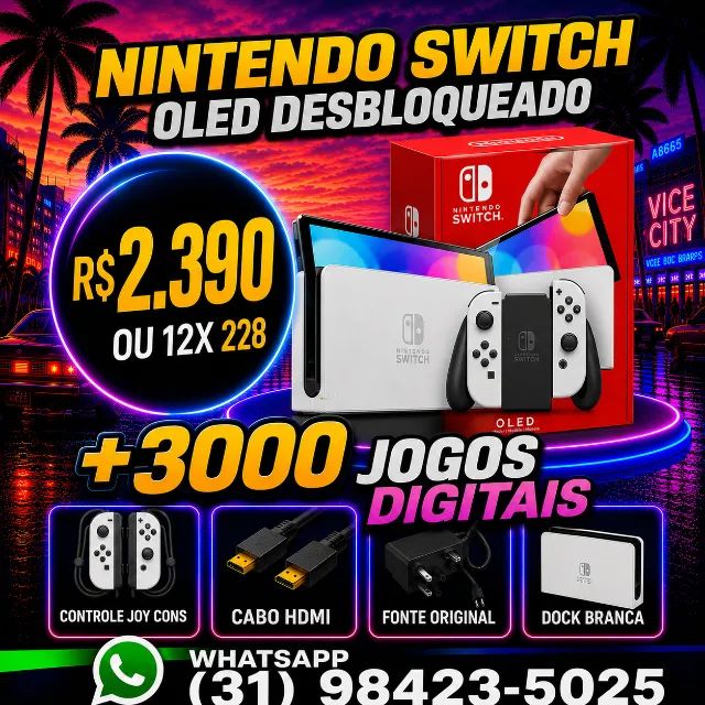 NINTENDO SWITCH OLED DESBLOQUEADO COM 3OOO JOGOS + O3 MES GARANTIA