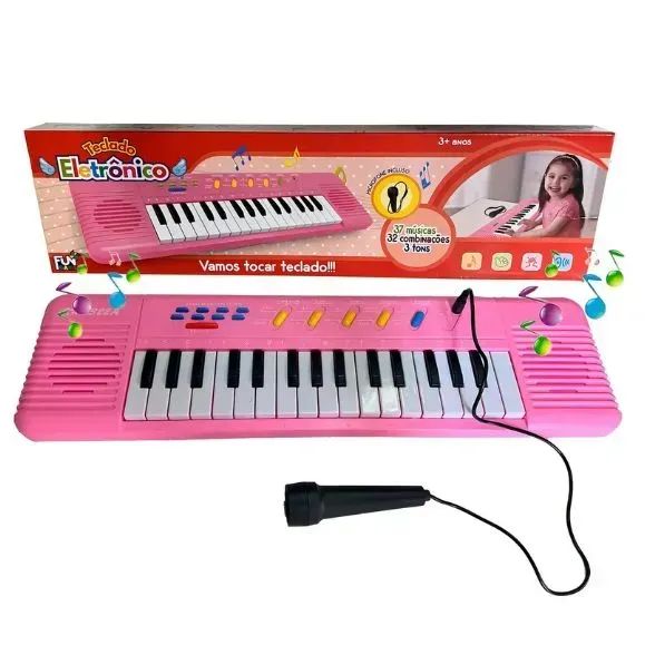 Teclado Musical Infantil com Microfone Karaokê 32 Teclas Rosa - Foto 2