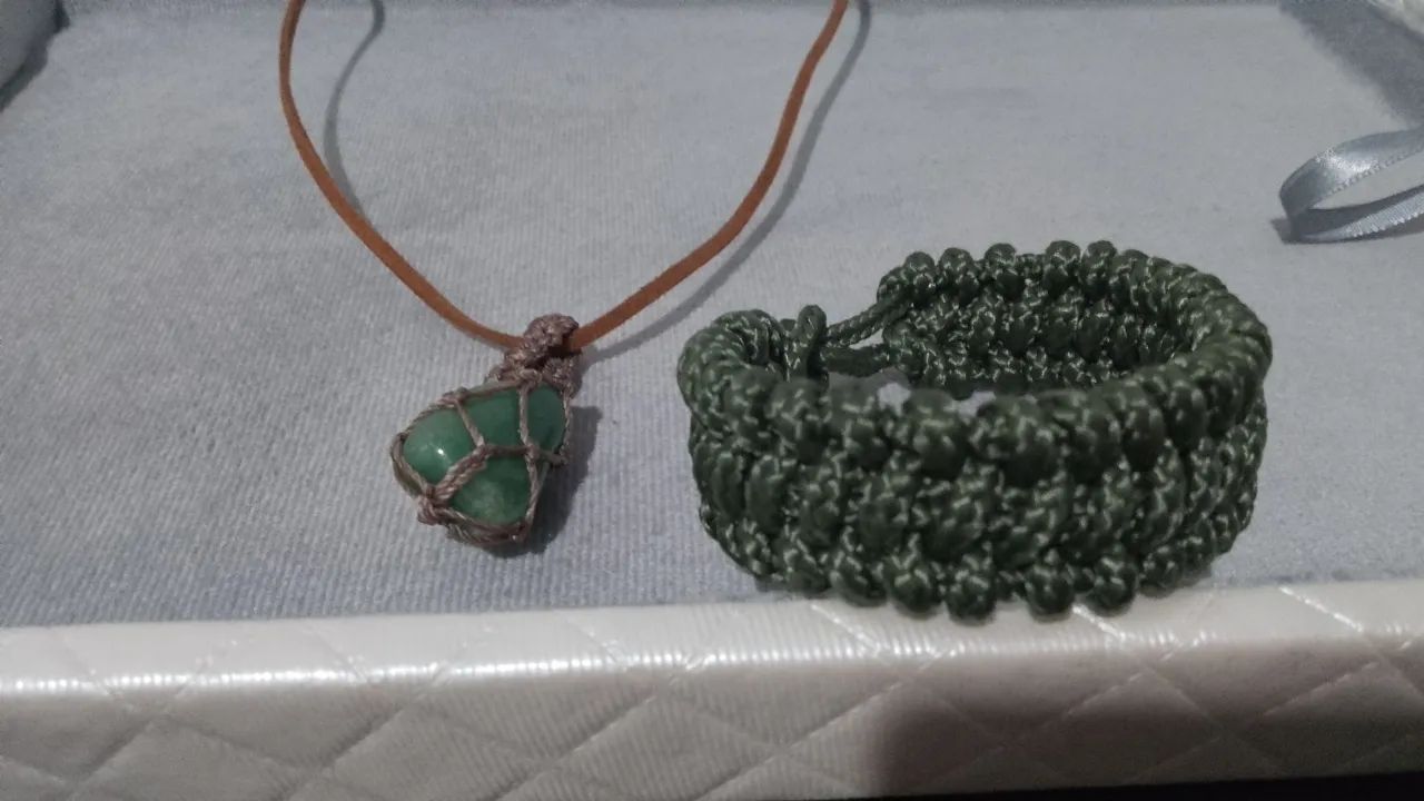 Conjunto Artesanal Boho Colar Quartzo Verde + Pulseira - Foto 2