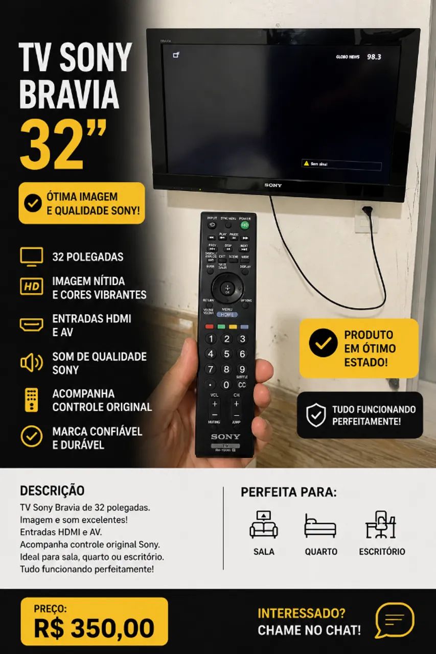 TV Sony Bravia LED 32 Polegadas + Controle Original - R$ 350