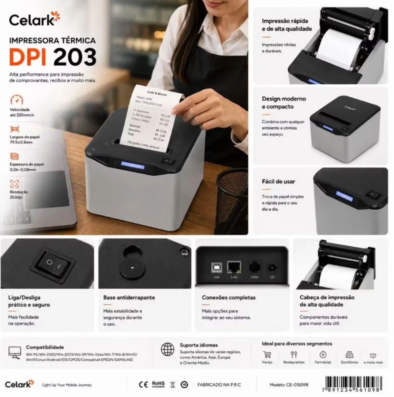 Impressora Térmica De Recibos Cupom Fiscal Etiquetas Com Corte Automático 80mm - Foto 4