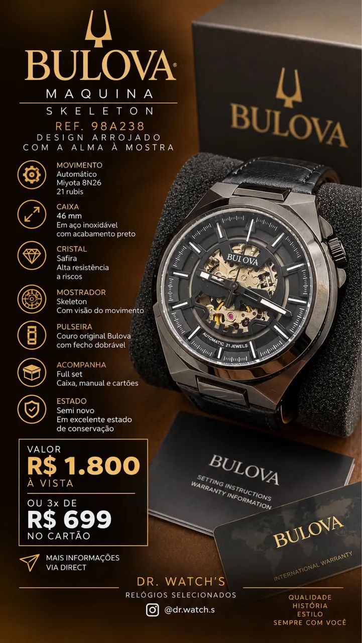 Bulova skeleton 46mm full set automatico 