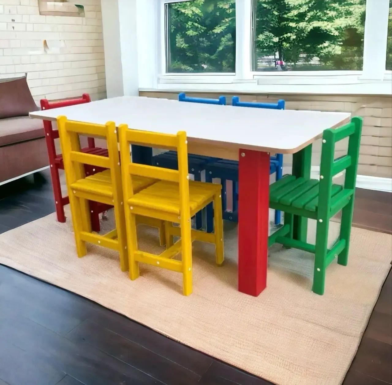 Conjunto mesa infantil de madeira com 6 cadeiras