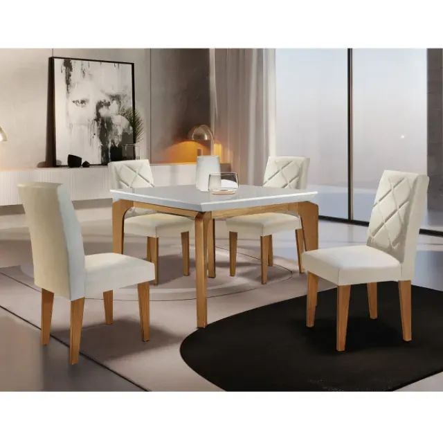 Mesa de Jantar Tok com 4 Cadeiras Off-White/Amadeirado