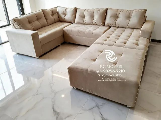 Sofá de Canto 3,10m Chaise e Puff Veludo Cinza Claro D33 Luxo - Foto 5