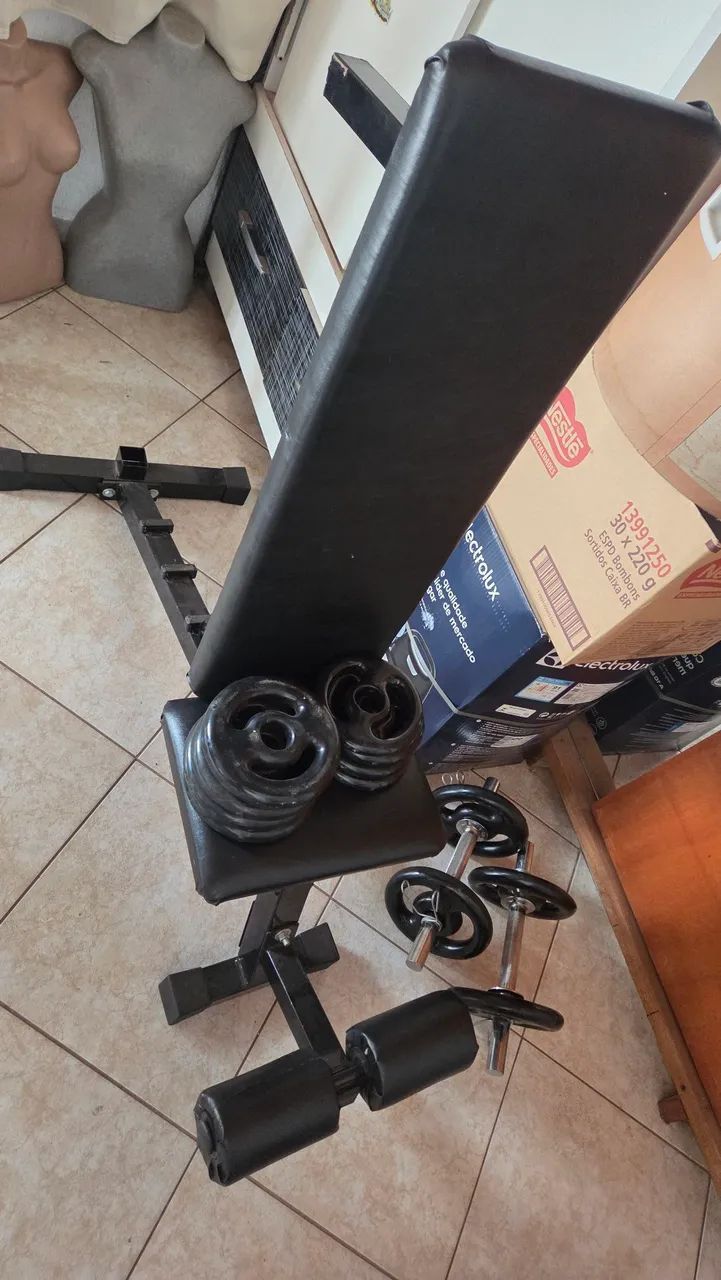 Halteres com anilhas e banco reclinável.