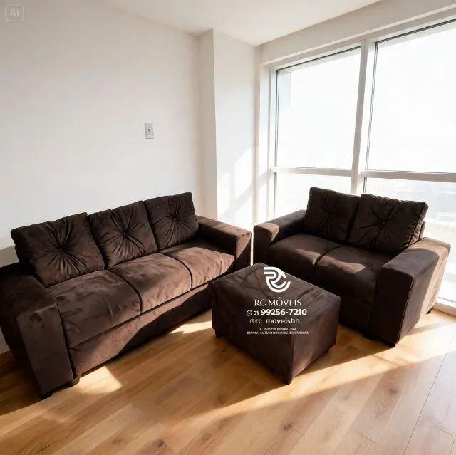 Conjunto Sofá 2 e 3 Lugares Puff Suede Bege D33 Aconchegante - Foto 3