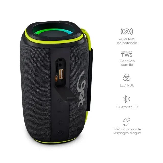 Caixa de Som Bluetooth Get Pop Lite 40W RMS USB/SD/BT/AUX(P2) - WZetta