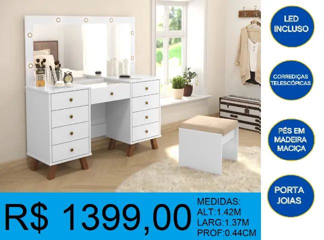 Penteadeira - camarim - com led - compre hoje e receba em até 72 horas 