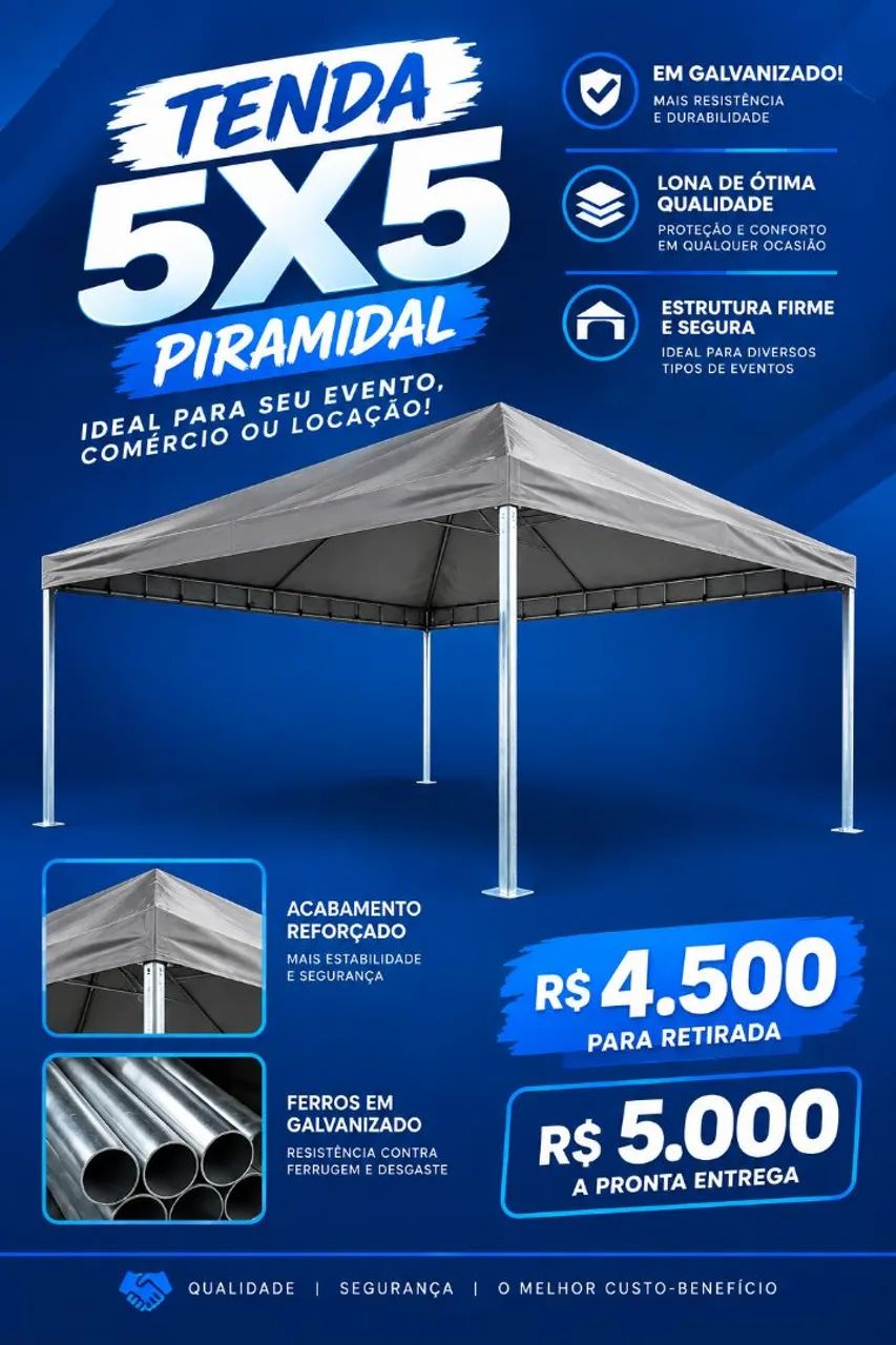 TENDAS 5X5 PIRAMIDAL EM AÇO GALVANIZADO