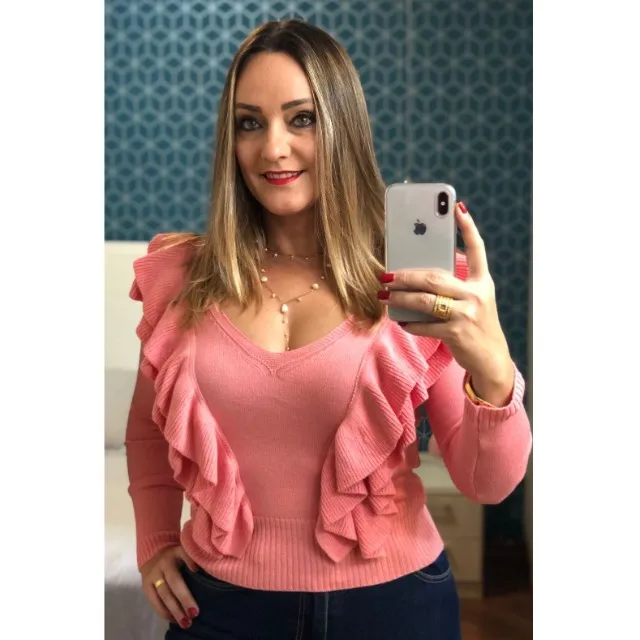 Blusa manga longa tricot babado
