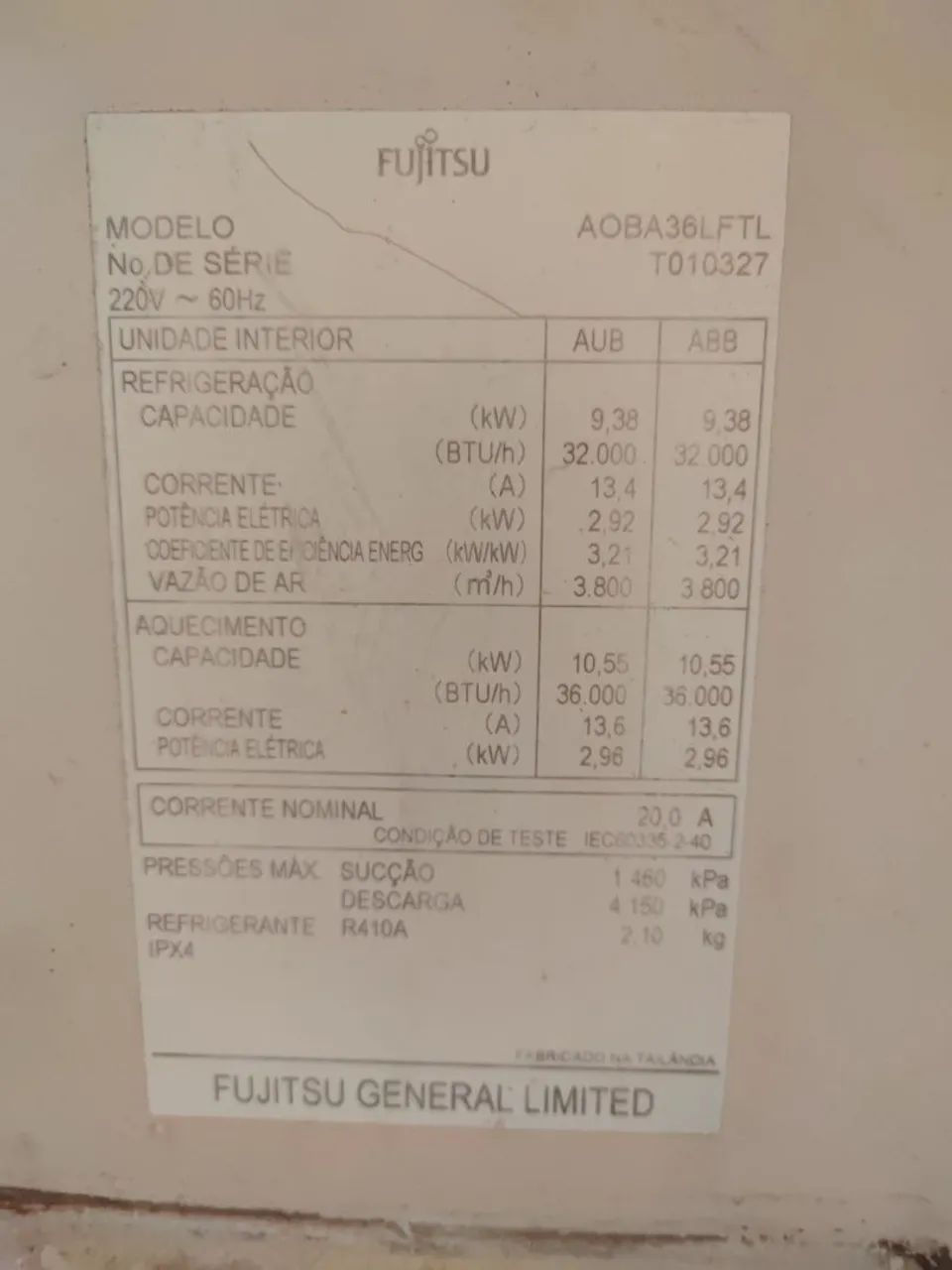 Ar condicionado FUJITSU piso-teto inverter 36.000 BTUs AOBA 36LFTL