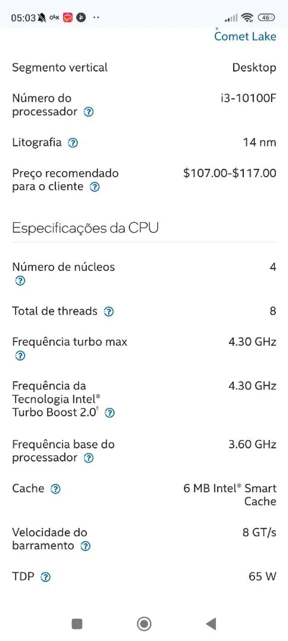 Processador Intel Core i3-10100F - 4 núcleos, 4.30 GHz