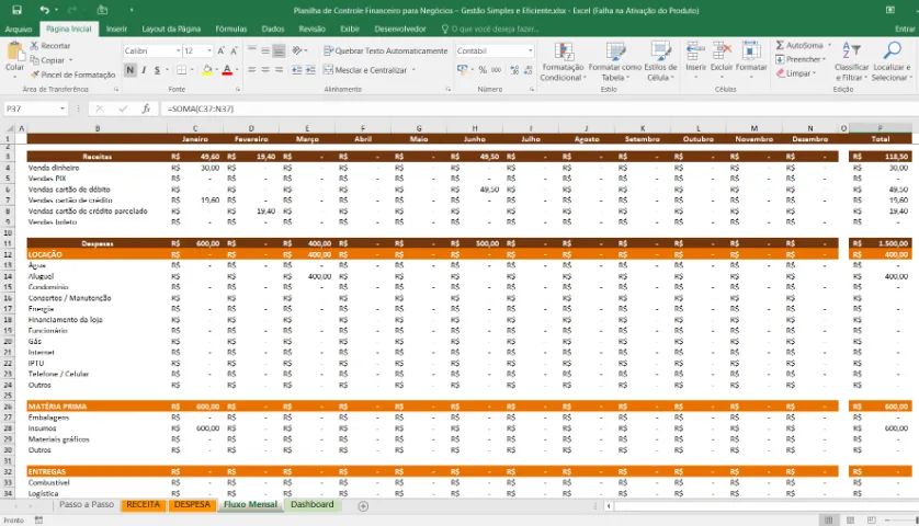 Dashboard - Planilha de Controle Financeiro para Negócios - Gestão Simples e Eficiente