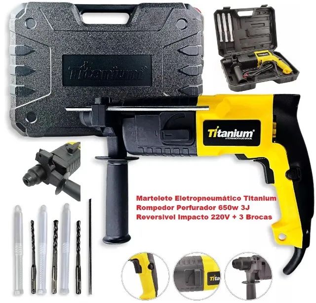 Martelete Eletropneumático Titanium Rompedor Perfurador 650w 3J Reversível 220V + 3 brocas