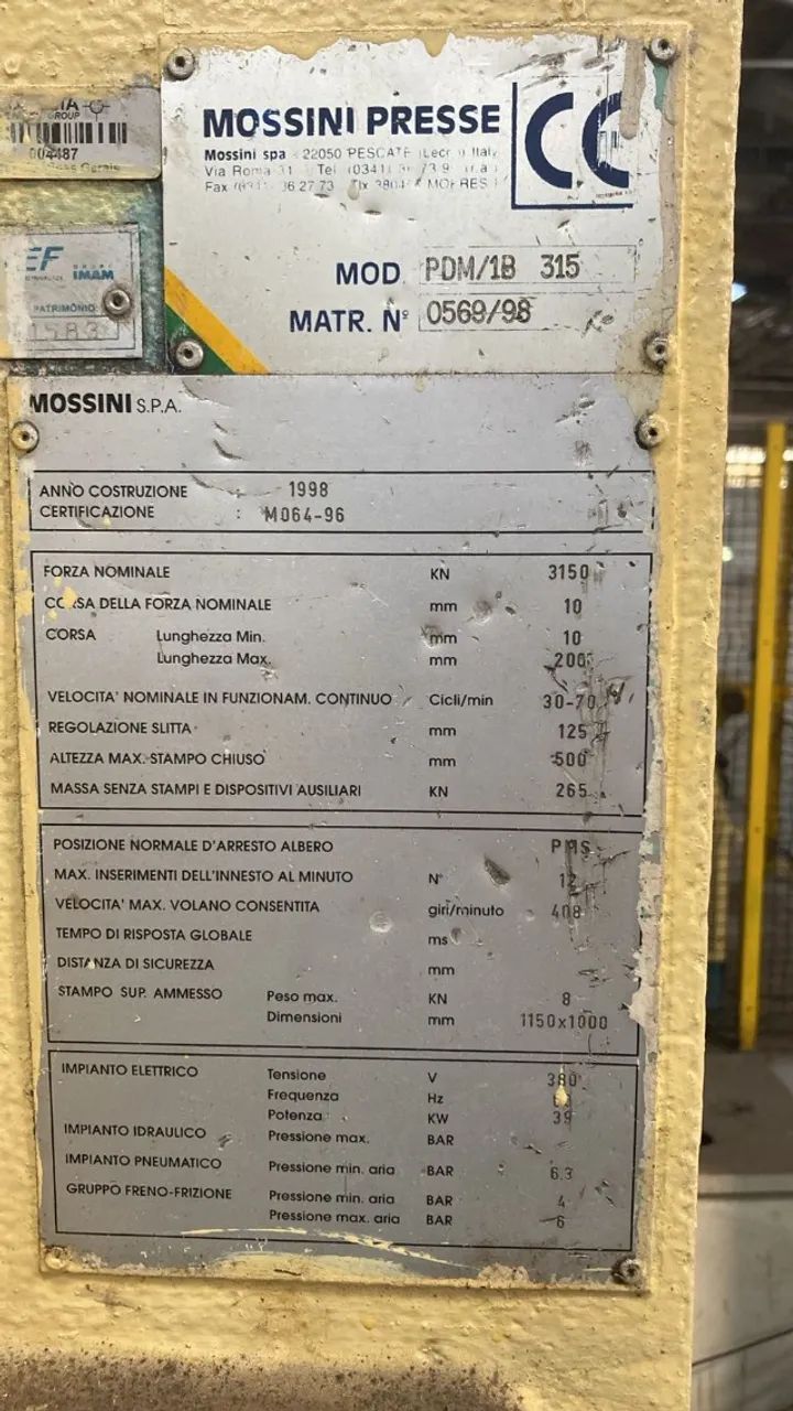 Prensa Excêntrica tipo H Mossini Presse cap 315 ton, modelo PDM/18 315,  - Foto 3