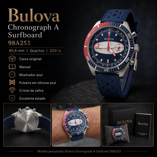 Bulova Surfboard 98A253 Archive Series - Safira - 200m - Caixa e