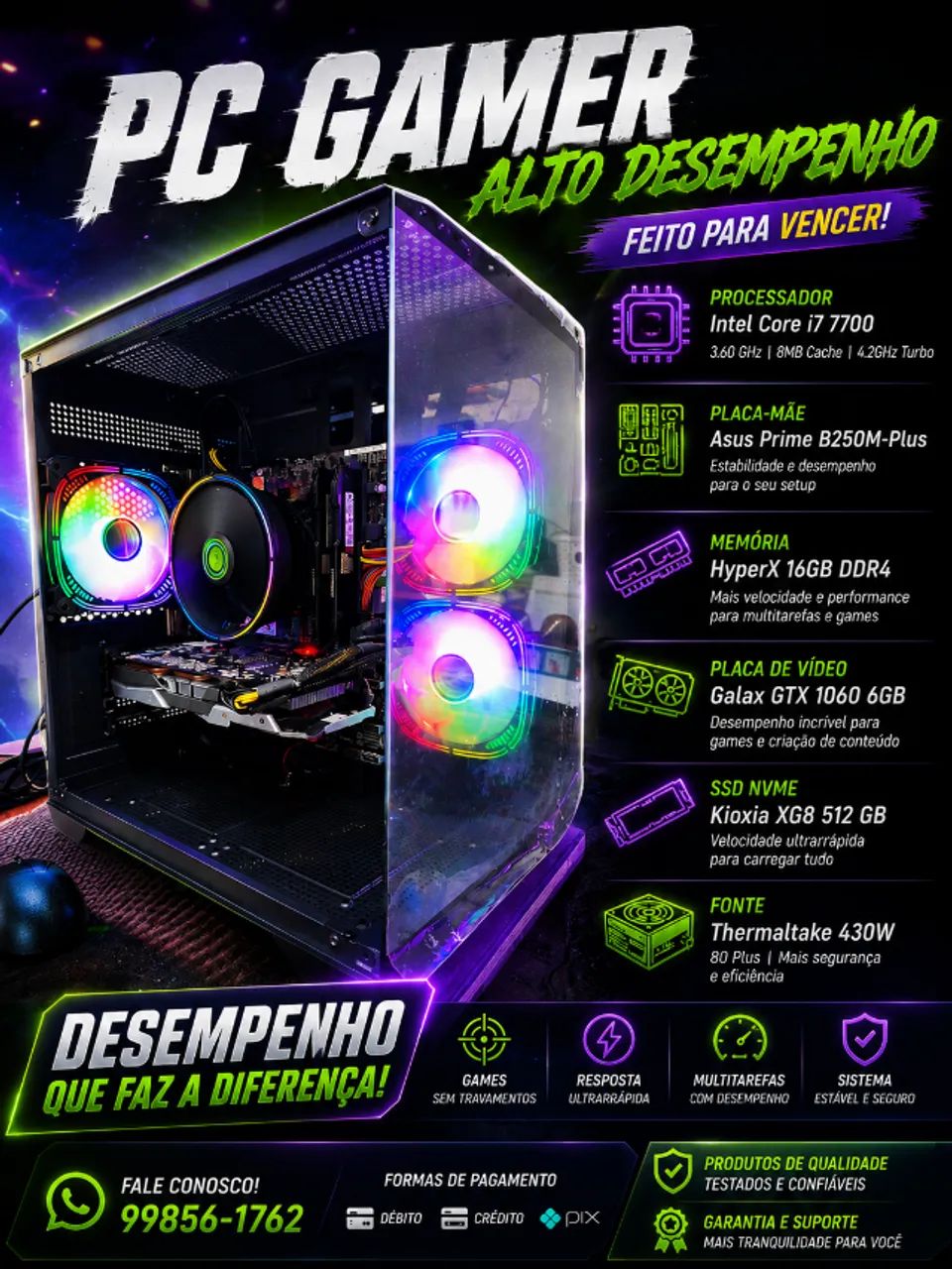 PC Gamer Core I7 7700 GTX 1060 6GB - Completo - Até 12 X 237,00