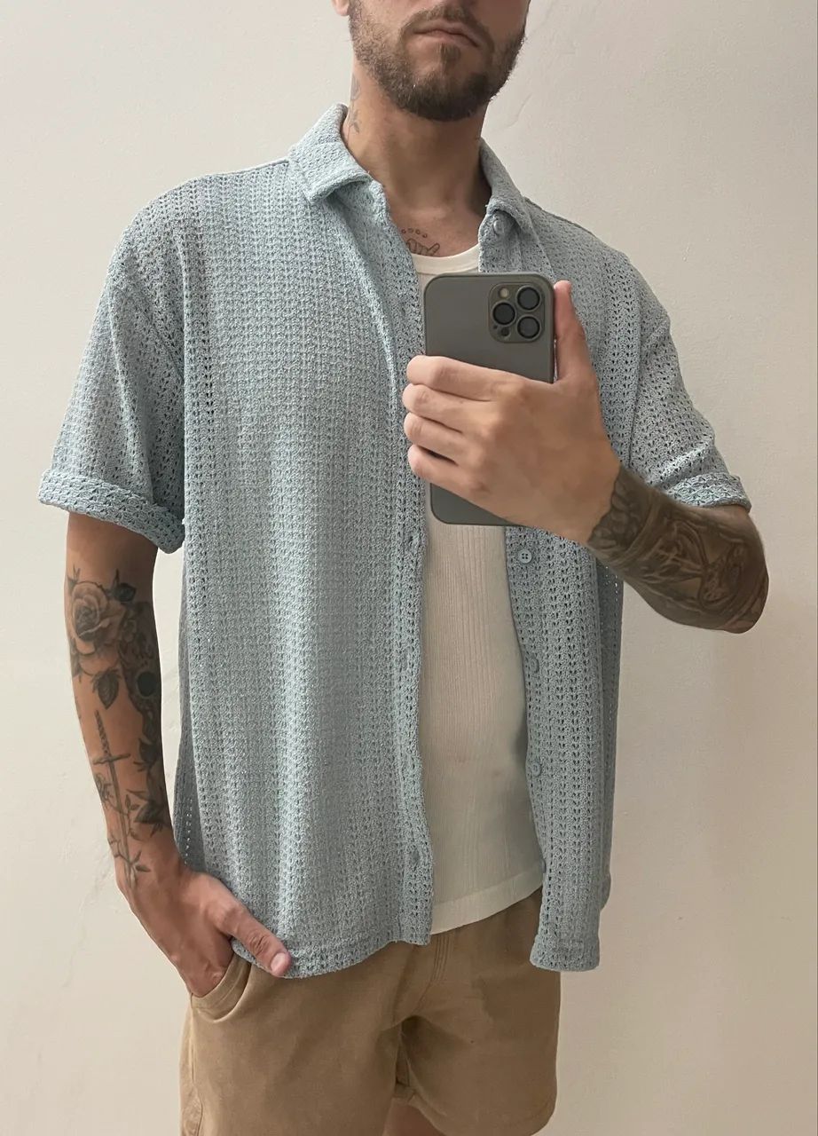Camisa Tricô Masculina - Azul Bebê  - Foto 4