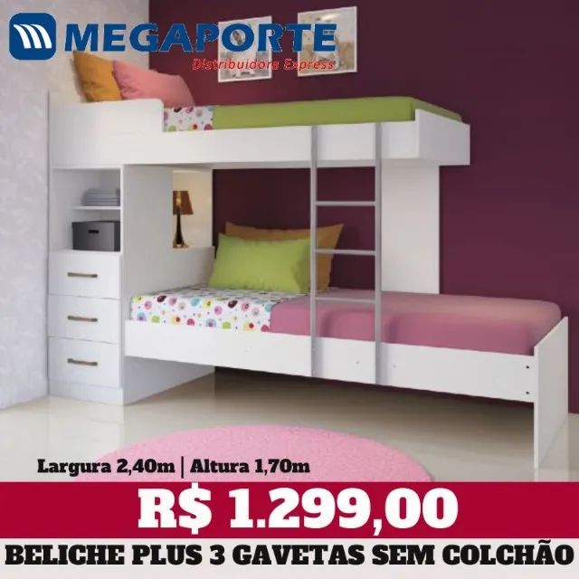 Cama Beliche Juvenil Plus com 3 Gavetas (Novo) Entrega Grátis!