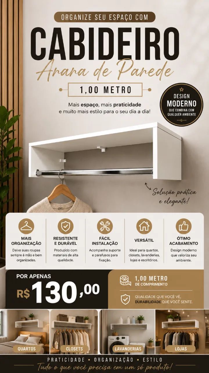Arara de Parede Reforçada 1 Metro - Promoção R$130