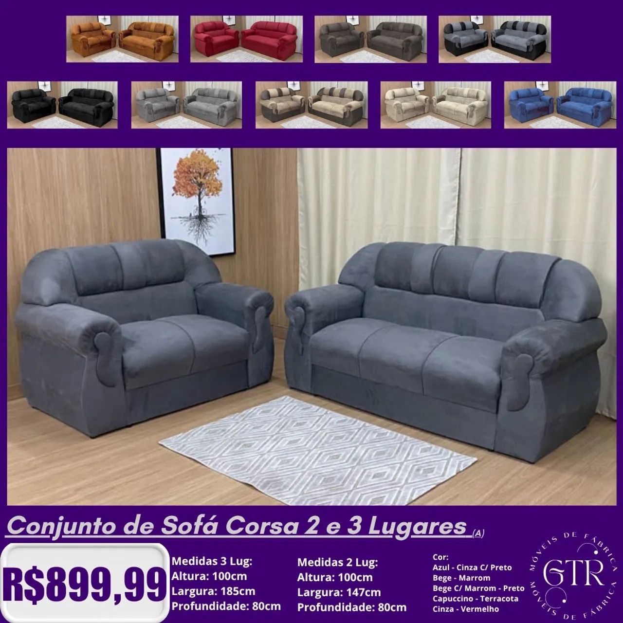 Conjunto de Sofá Corsa 2 e 3 Lugares - Diversas Cores